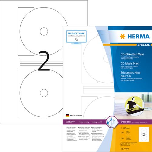 HERMA Special Maxi - Papier - mat - auto-adhésif permanent - blanc - diamètre 116 mm 200 étiquette(s) (100 feuille(s) x 2 étiquettes CD/DVD opaques