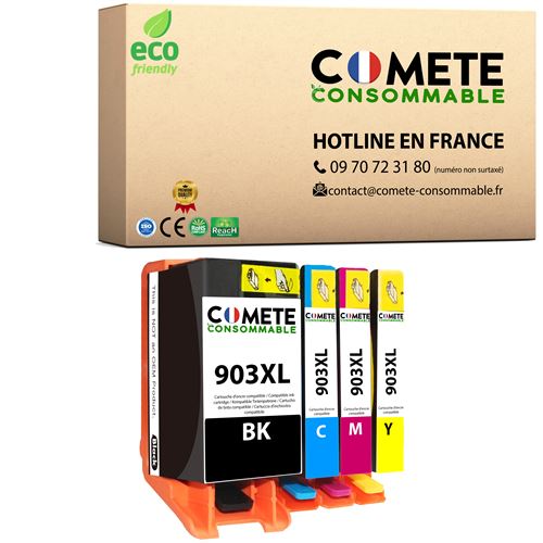 COMETE CONSOMMABLE 903 XL Pack de 4 Cartouche d'encre compatibles avec HP 903 xl 903XL 1 Noir + 1 Cyan + 1 Magenta + 1 Jaune