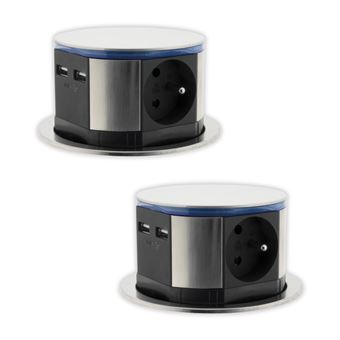 Otio - Lot de 2 blocs multiprises encastrables compact LED 3 prises 16A 2P+T & 2xUSB - Inox - 1
