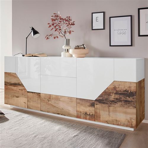 Buffet mobile salon 220x40cm 4 portes 3 tiroirs cuisine Mavis Wood