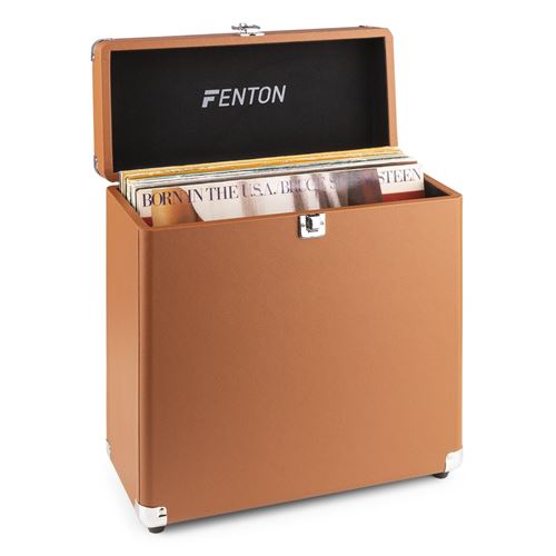 Fenton RC30 - Valise pour disques vinyles - Marron, 34,5 x 16,5 x 38 cm, charnières en métal, poignées intégrées, très robuste
