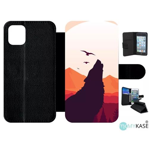 Etui My-Kase pour iPhone 11 - loup la pleine lune - Simili-cuir Noir