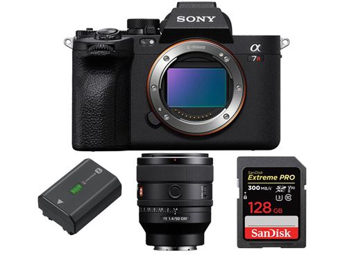 Boîtier Noir Sony A7R V FE 50 mm f1.4 GM + batterie rechargeable Sony NP-FZ100 série Z + SanDisk 128GB Extreme PRO UHS-II SDXC 300 MB/s