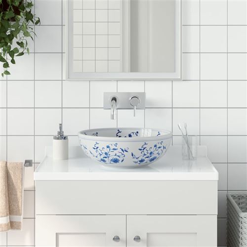 vidaXL Opzetwasbak rond Î¦41x14 cm keramiek wit en blauw155049