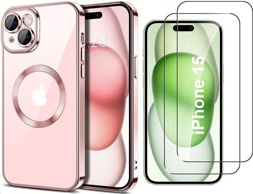 Coque Silicone Pour iPhone 15 Couleur Rose Compatible Magsafe + 2 Verres Trempe Protection Ecran Little Boutik®