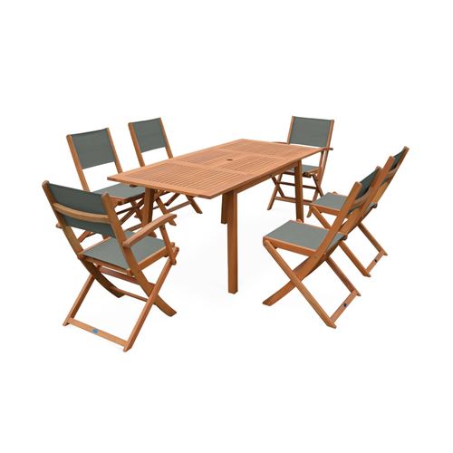 Sweeek Salon de jardin savane extensible - Almeria - Table 120/180cm avec rallonge 2 fauteuils et 4 chaises en bois d'Eucalyptus huilé et textilène sa