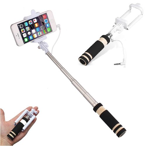 Mini Selfie Stick pour SAMSUNG Galaxy J6 Perche Android IOS Reglable Bouton Photo Cable Jack Noir