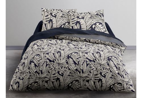 Parure de lit 100% coton PANTA - housse de couette 240 x 260 cm + 2 taies 65 x 65 cm - Bleu marine et beige