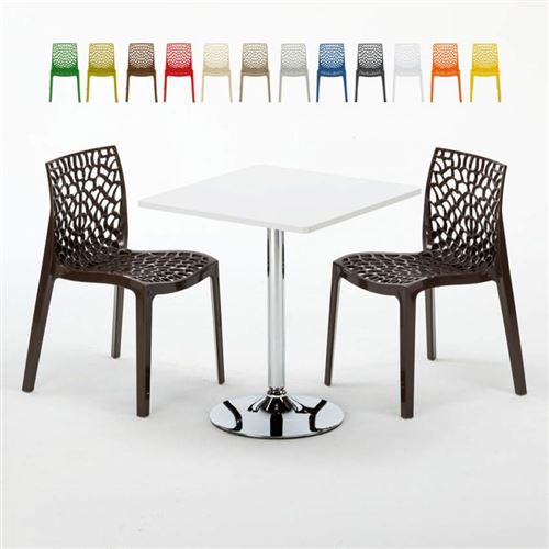 Table Carrée Blanche 70x70cm Avec 2 Chaises Colorées Grand Soleil Set Intérieur Bar Café Gruvyer Cocktail, Couleur: Marron
