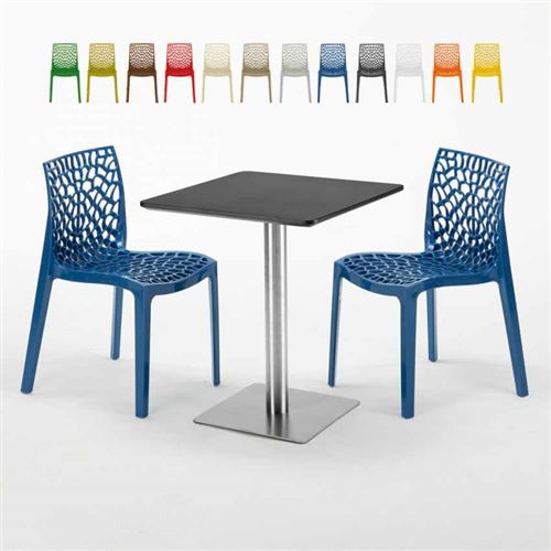 Table carrée 60x60 pied acier et plateau noir avec 2 chaises colorées Gruvyer Pistachio, Couleur: Bleu
