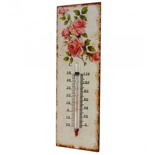 L'Héritier Du Temps - Thermomètre mural décoratif en celsius et farenheit ou à poser motif 'floral' en fer et papier vernis 0,5x8x25cm