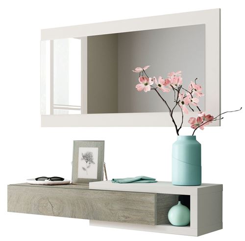 Meuble d'entrée avec un miroir coloris blanc artic / chêne - H.19 x L.95 x P.26 cm -PEGANE-