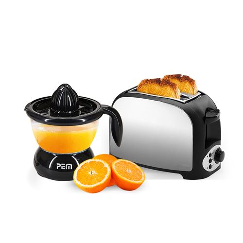 Set petit déjeuner - Grille pain 2 fentes finition inox + Presse agrumes noir 0.7L