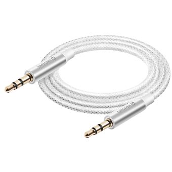 Câble auxiliaire Jack 3.5 mm compatible jack 3.5 mm Nylon Tressé 1.5m Swissten Blanc - 1