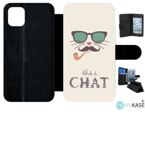 Etui My-Kase pour iPhone 11 - attitude de chat - Simili-cuir Noir