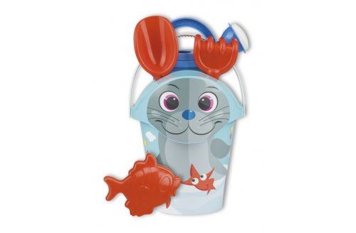 Seau de plage garni phoque 17 cm + arrosoir  pelle  rateau  moule - jouets bac a sable enfant  bebe - fabrique en italie