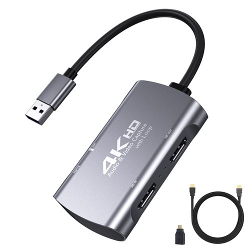 USB Carte de capture audio et vidéo Foxnovo 3.5mm MIC 4K Gris foncé.