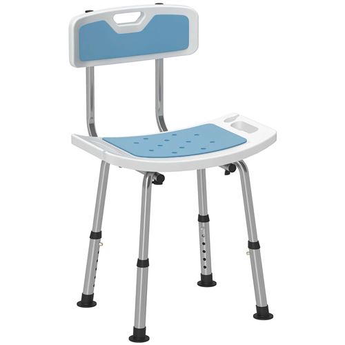 HOMCOM Silla de ducha para personas mayores y discapacitadas, con respaldo, asiento, altura ajustable, patines antideslizantes y soporte para cabezal de ducha, aluminio, azul