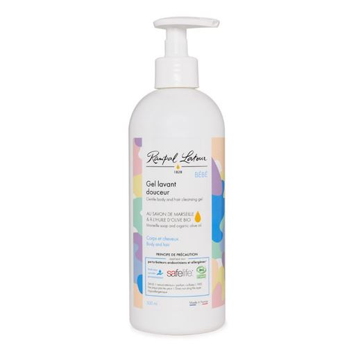 Gel lavant douceur pour bébé, au savon de marseille et à l'huile d'olive bio, flacon pompe de 500ml, label SAFELIFE