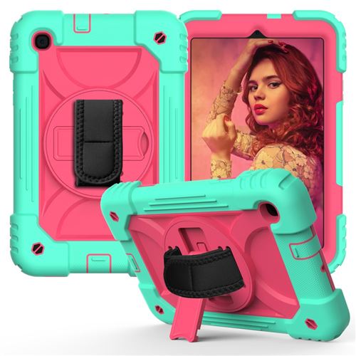 Coque en TPU + Silicone épissage des couleurs avec béquille pivotante à 360° et sangle pratique cyan/rose pour votre Samsung Galaxy Tab A 8.4 (2020) SM-T307