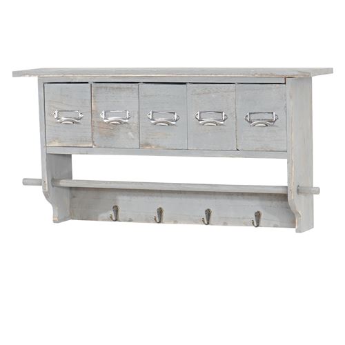 Portemanteau mural, étagère 5 tiroirs, 65x13x32cm, shabby chic, vintage gris