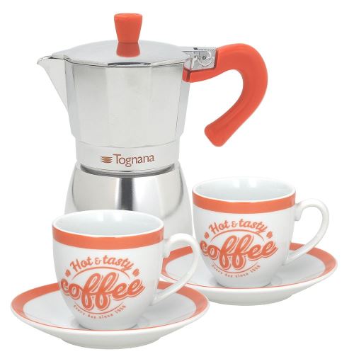 Tognana Coffee Time Set Cafetière 2 Tasses, Aluminium, Multicolore Vert/Orange/Turquoise