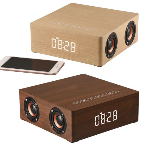 12W Sortie Rétro bois respirants Horloge Haut-parleur sans fil Bluetooth Mini 3D double fort Kiliaadk98