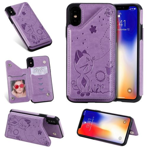 Etui en PU + TPU chat et abeille avec béquille et porte-cartes violet pour votre Apple iPhone X/XS 5.8 pouces