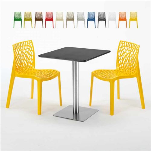 Table carrée 60x60 pied acier et plateau noir avec 2 chaises colorées Gruvyer Pistachio, Couleur: Jaune
