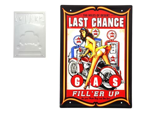 FÉENOMENN plaque métal déco vintage - effet relief - gas last chance - moto harley station service pin up (30x40cm)