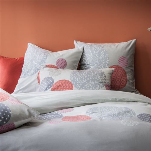 Housse de couette 100% coton imprimé cercle motif fleuri japonisant gris rouge 240x220cm REVEIL FRUITE