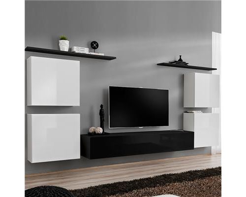 Meuble tv mural blanc et noir DONATELLO-L 320 x P 40 x H 150 cm- Blanc