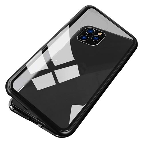 Couverture de boîtier en verre à cadre métallique magnétique à 360 ° pour iPhone 12/12 Pro 6,1” - Noir