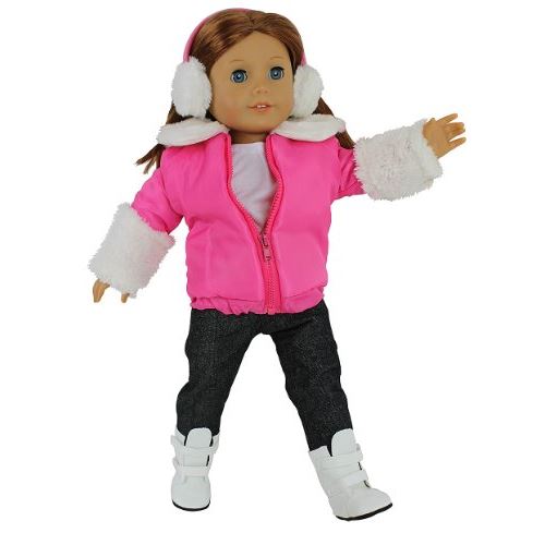 Dolly Winter Outfit Dress Outfit for American Girl Dolls 5pc Set w Jacket, Shirt, Jeans, Boots, and Earmuffs