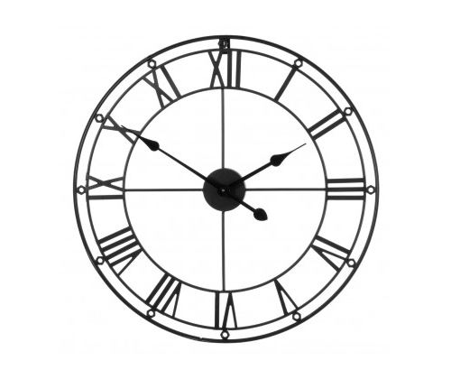 Grande Horloge Murale Ronde en Métal Noir Chiffres Romains
