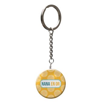 Porte clés en verre effet 3D - nana en or - chaine nickel - D 10 cm - 1