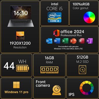 Ordinateur Portable 16 Pouces Windows 11 - Core I5-8210Y, 16 Go RAM, 512 Go SSD - Écran IPS FHD 1920x1200, Clavier Rétroéclairé