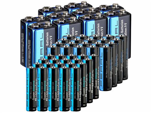 Pearl : Lot de 50 piles alcalines : 20 piles AA, 20 piles AAA et 10 piles 9 V Bloc