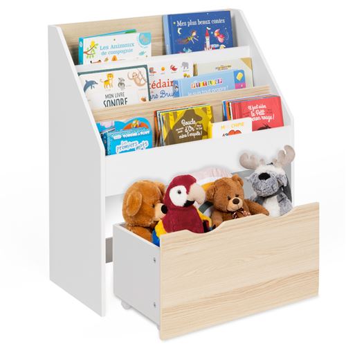 Non Communiqué Blanc Meuble De Rangement Bibliothèque Enfant Mana 3 Étagères Et 1 Bac Sur Roulettes Et Hêtre