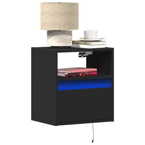 vidaXL Tables de chevet murales avec lumières LED 2 pcs noir, table de chevet flottante, support de téléphone, table de 3307978