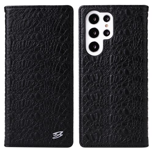 Etui en cuir véritable FIERRE SHANN texture crocodile, antichoc, auto-absorbant magnétique noir pour votre Samsung Galaxy S22 Ultra 5G