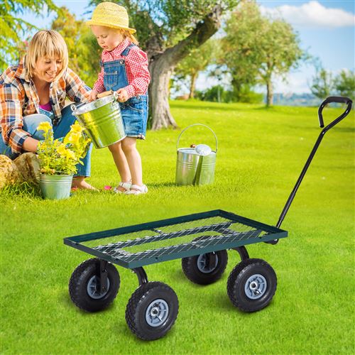 20 Sur Chariot De Transport Jardin Remorque A Main Charrette A Bras 4 Roues 98l X 45l X 85h Cm Charge Max 150 Kg Acier Vert Outillage De Jardin A Main