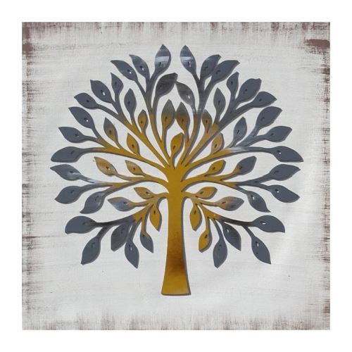 ARBRE LASER DORE Toile peinte 60x60 cm Gris et jaune