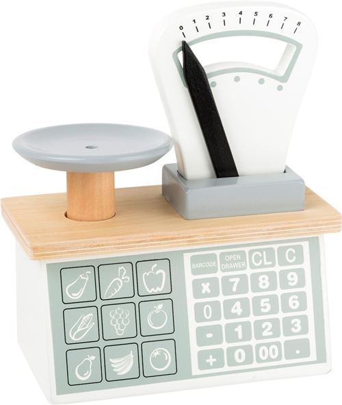 Balance en bois avec plateau de pes&eacute;e et indicateur de poids mobile