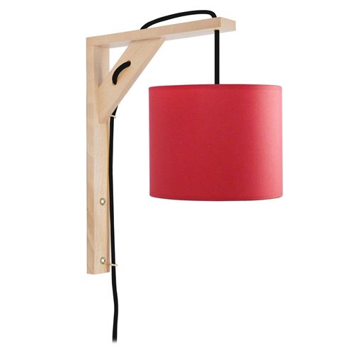 EQUERRE Applique bois, rectangulaire, 30 cm, cordon avec interrupteur, et abat-jours, rouge