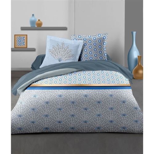 home linge passion parure de couette louxor - 1 housse de couette 240 x 260 cm + 2 taies 65 x 65 cm - bleu et blanc