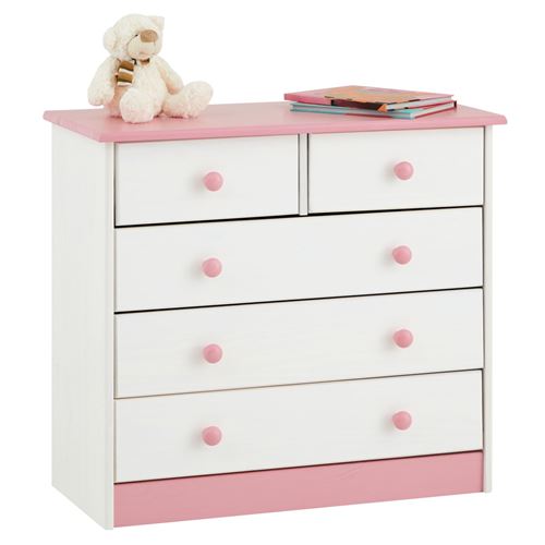 Commode en pin RONDO, 2+3 tiroirs, lasuré blanc et rose