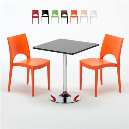 Table Carrée Noire 70x70cm Avec 2 Chaises Colorées Grand Soleil Set Intérieur Bar Café Paris Mojito, Couleur: Orange