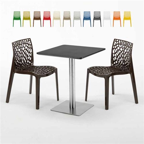 Table carrée 60x60 pied acier et plateau noir avec 2 chaises colorées Gruvyer Pistachio, Couleur: Marron