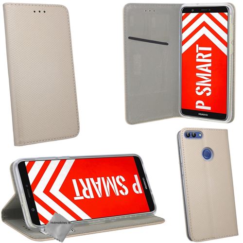 Housse etui coque pochette portefeuille pour huawei p smart + film ecran - or magnet